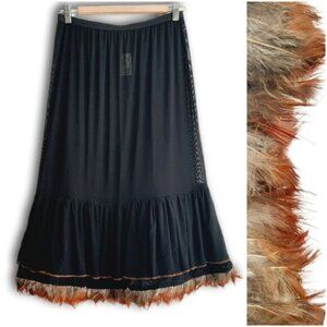 TRISTAN & ISEUT Feather Trim Skirt Slip Black Mesh Midi Underskirt Sz S